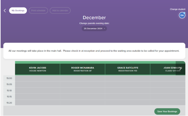 Screenshot of the parents' evening booking screen, displaying the 'Save Your Bookings' button in the bottom-right corner.